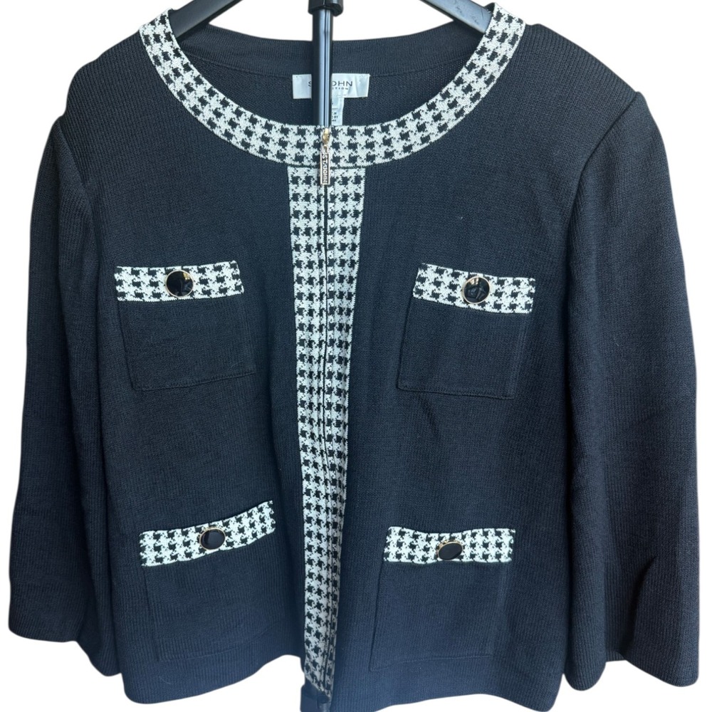 St John Collection Womens 16 Black Wool Blend Jacket Houndstooth Trim Classic